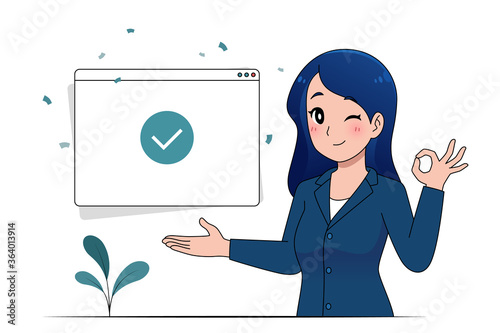 Portrait operator woman showing and OK pose with confirm window