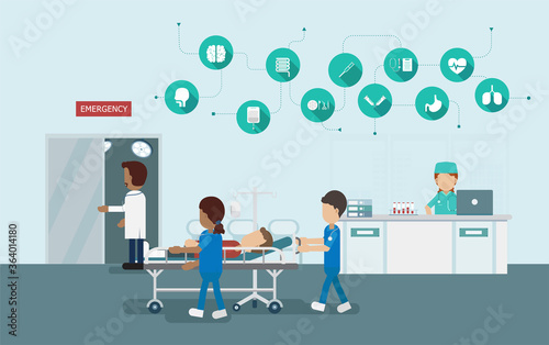 Emergency service concept with doctor and injured patient in bed flat design vector illustration