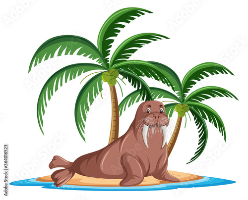 Walrus in tropical island cartoon character on white background © brgfx