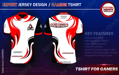Gaming Tshirt or Esport Jersey Uniform Designs Template with Clean and Modern concept, Red, white and black Color. Short Sleeve, Well Presented for gaming team