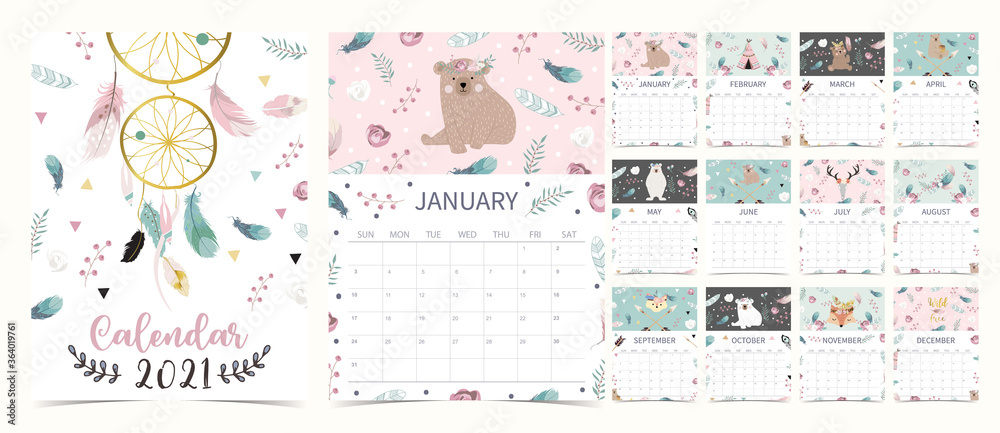 Cute boho calendar 2021 with bear, dreamcatcher, feather for children, kid, baby - obrazy, fototapety, plakaty 