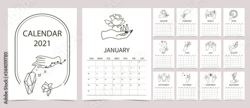 line hand calendar 2021 with rose,flower,crystal,sun in boho style