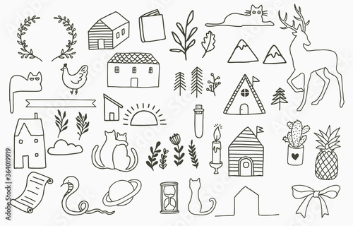 Black line collection with cactus, flower,house,cat,deer.Vector illustration for icon,logo,sticker,printable and tattoo
