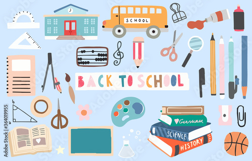 back to school object with pencil,bus,book,pen,ball,sharpener. illustration for logo,sticker,postcard,birthday invitation.Editable element
