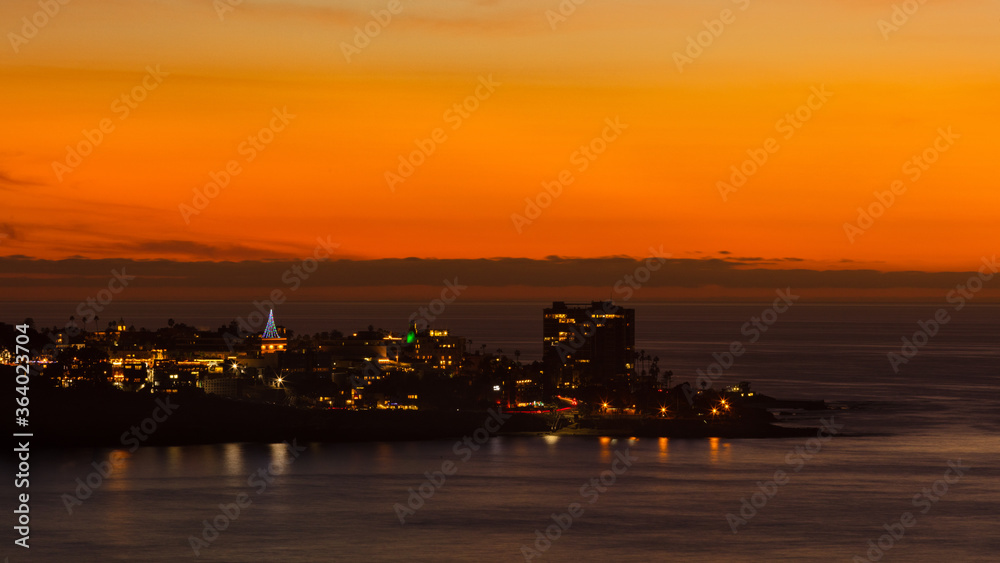 Sunset at La Jolla city with Christmas light