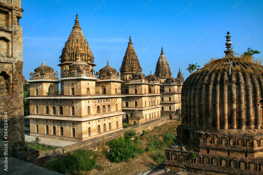 View of Royal cenotaphs (Chhatris) of Orchha, Madhya Pradesh, India.
