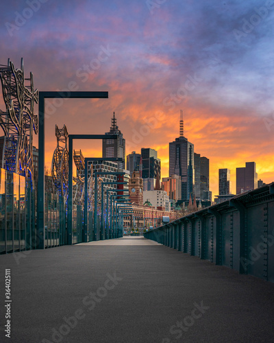 Vibrant Australian sunrise in the City of Melbourne from the Sandridge Bridge