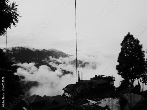 vue asymétrique en noir et blanc, Darjeeling, Inde  