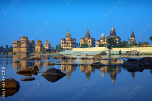 View of Royal cenotaphs  Chhatris  of Orchha over Betwa river. Orchha  Madhya Pradesh  India.