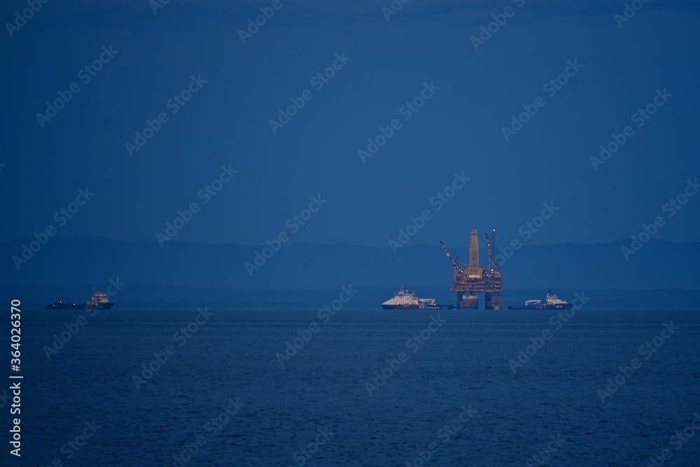 Sakhalin island. Drilling platform at sea. Fall. Around the icy water of the Sea of Okhotsk.