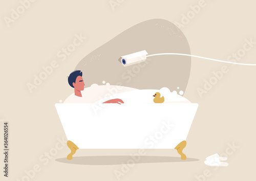 CCTV spying, online privacy violation, dangerous modern technologies and human rights, young male character taking a bath
