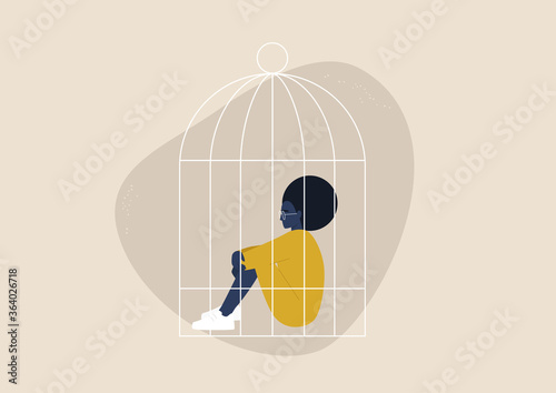 Domestic violence, quarantine lock down, depression and despair, young black female character sitting inside a birdcage, racism and sexism
