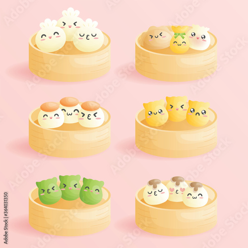 Cute cartoon Dim sum, traditional Chinese dumplings, with emoticon smiling faces. Cute Asian food vector illustration.