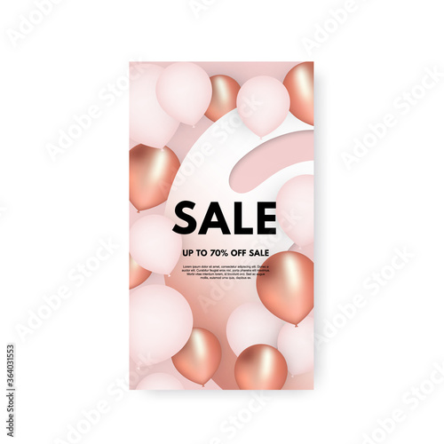 Vector social media story advertising Sale nude banner with realistic 3D baloons isolated on white background.