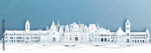 Panorama view of Chennai skyline with world famous landmarks of India in paper cut style vector illustration. photo