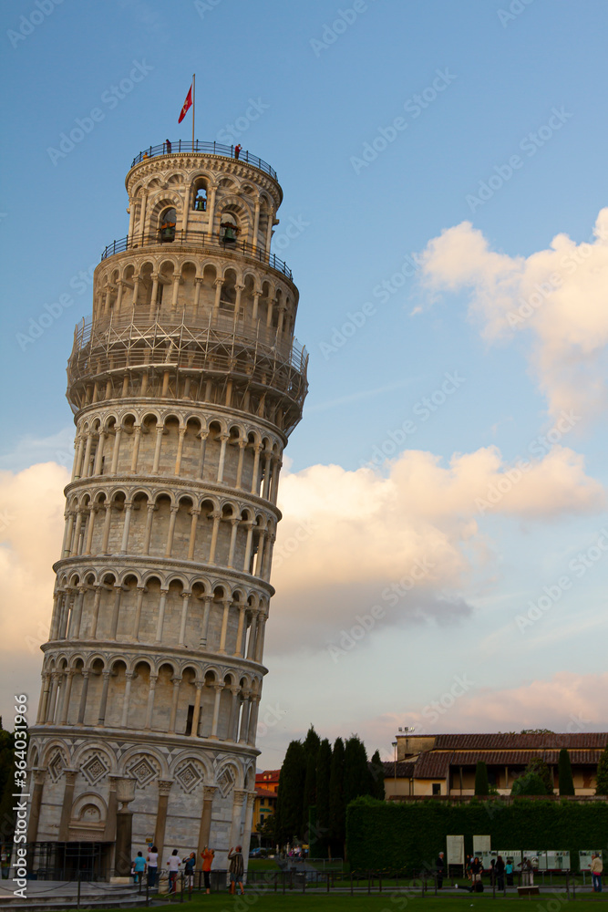 Iconic leaning tower of Pisa at sunset. This image of the very famous tower was taken during the construction work in 2010 which with the use of visible suspension straightened the posture.