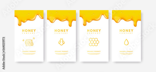 Vector Set of social media stories 3d gold liquid honey, gradient drop of honey, honeycomb, honeybees, honey stick, beehive. Design template, banner, blank, advertising. Isolated on white background.