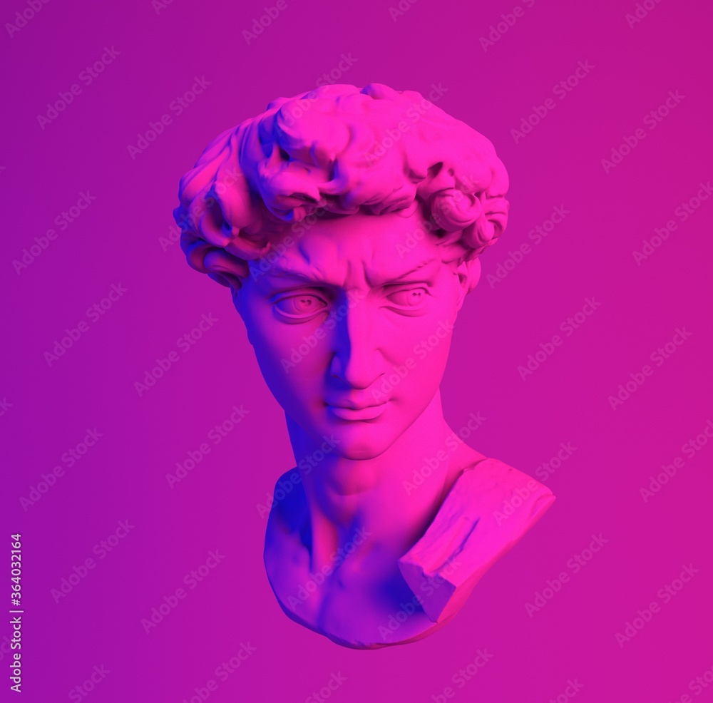 3D rendering of Michelangelo's David head in neon lightning. Classical sculpture in vaporwave retrofuturistic style. 3D rendering of Michelangelo's David head in neon lightning. Classical sculpture in vaporwave retrofuturistic style.