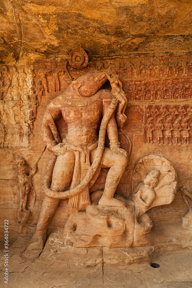 story of Huge bore incarnation of God Vishnu in stone sculpture at cave no 5 of Gupta period Udaygiri,Vidisha ,Madhya Pradesh,India