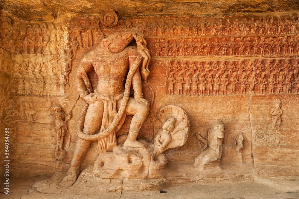 Story of Huge bore incarnation of God Vishnu in stone sculpture at cave no  5 of Gupta period Udaygiri, Vidisha, Madhya Pradesh, India Photos | Adobe  Stock