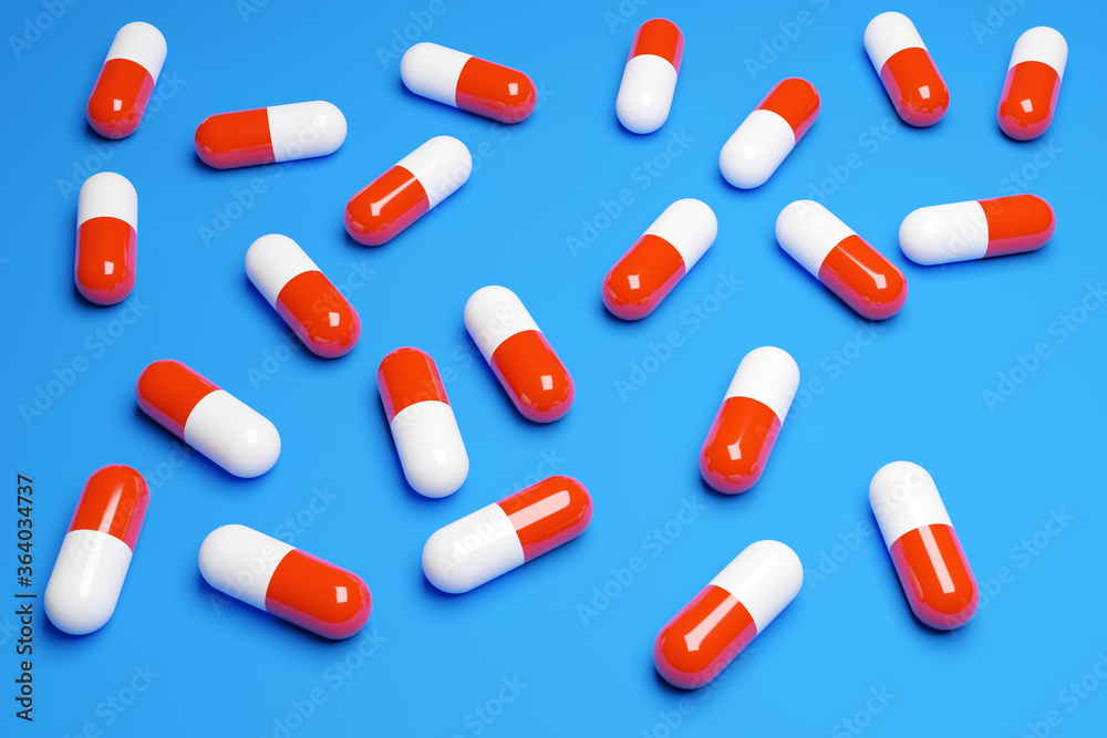 3d illustration white - red capsules pils with medicine are scattered in random order on a blue background. Capsule medication 3d illustration white - red capsules pils with medicine are scattered in random order on a blue background. Capsule medication