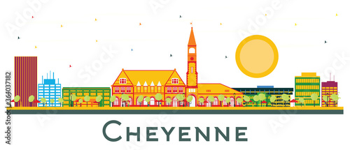 Cheyenne Wyoming City Skyline with Color Buildings Isolated on White.