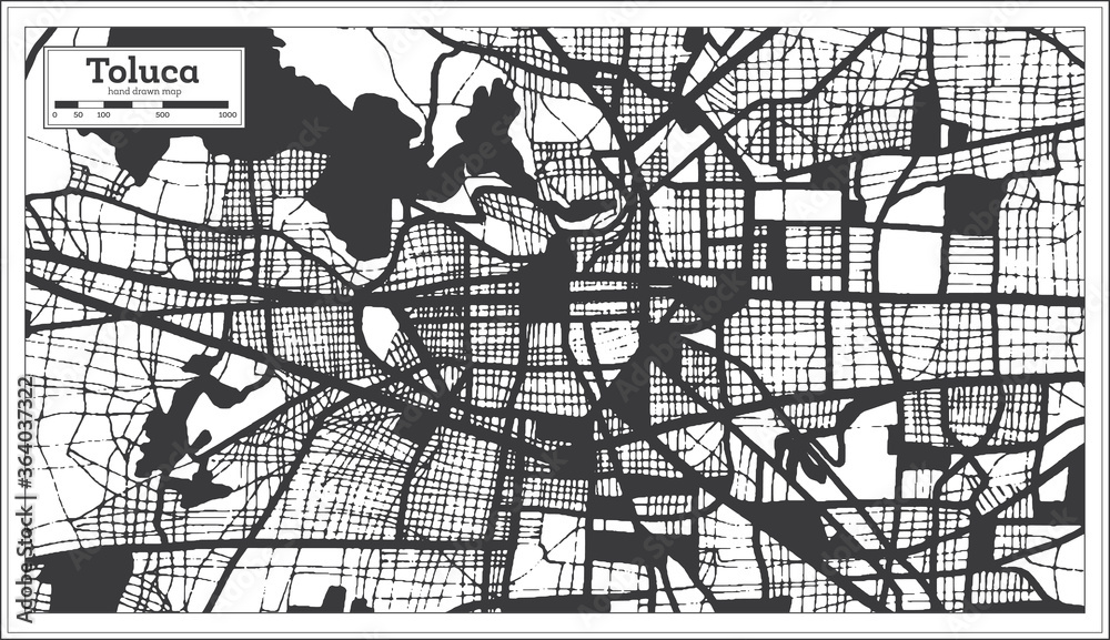 Toluca Mexico City Map in Black and White Color in Retro Style. Outline Map.