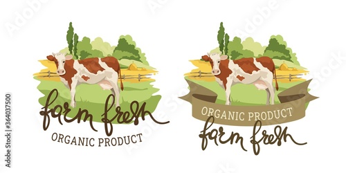 Logotype for farm milk / Vector illustration, fields and meadows with cow, set dairy label.
