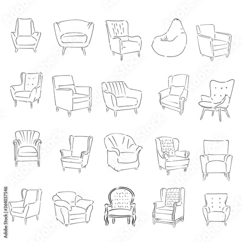 Armchair hand drawn outline doodle icon. Soft armchair with cushion. soft chair, vector sketch illustration