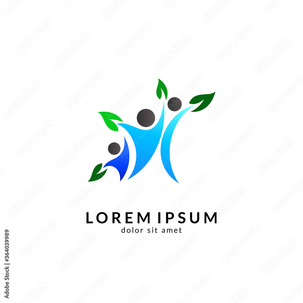 Fototapeta premium Human with leaf logo concept, medical clinic, healthy family logo, people health care and medicine vector illustration