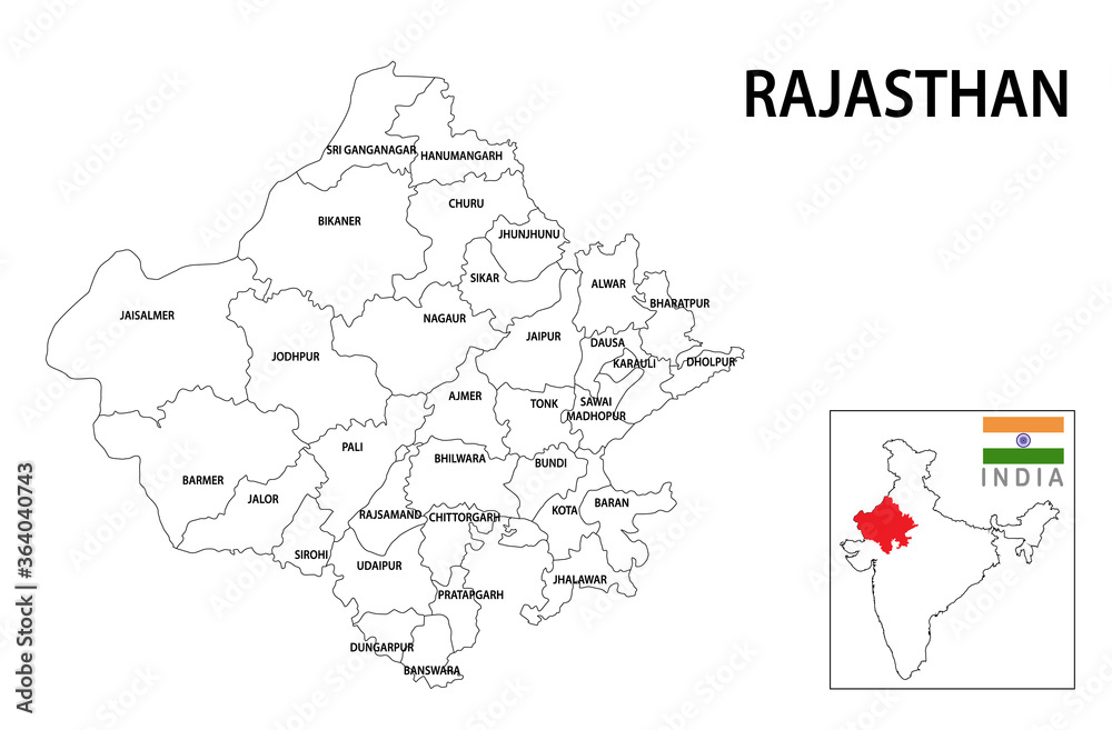 Rajasthan map. Political and administrative map of Rajasthan with