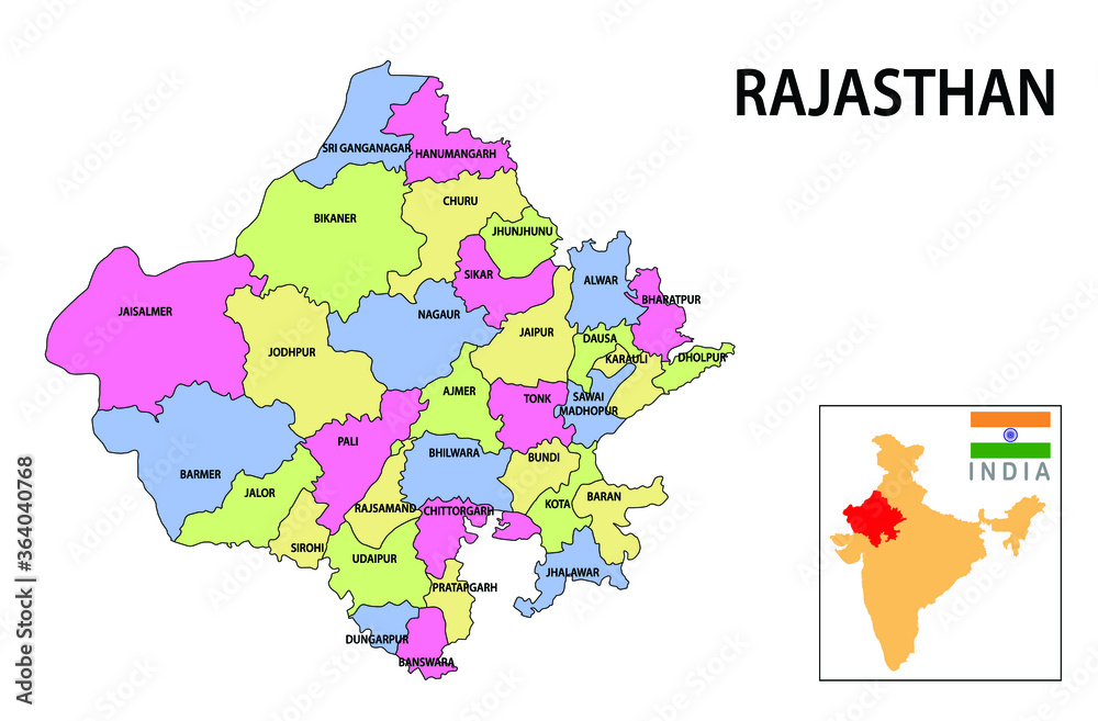 Rajasthan map. Political and administrative map of Rajasthan with