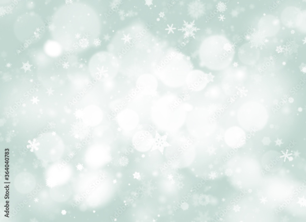 Green abstract background with white snowflakes bokeh blurred beautiful shiny light, use illustration Valentine Christmas new year wallpaper backdrop and texture your product.	