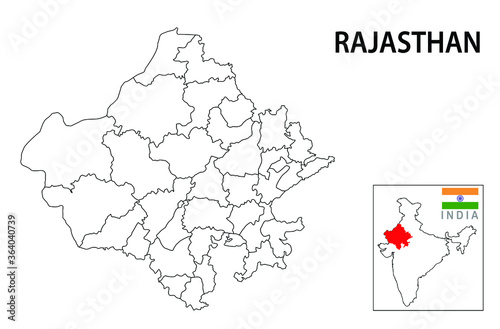 Rajasthan map. Political and administrative map of Rajasthan with districts name. Showing International and State boundary and district boundary of Rajasthan. Vector illustration of districts map.