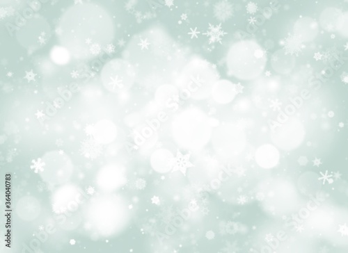 Green abstract background with white snowflakes bokeh blurred beautiful shiny light  use illustration Valentine Christmas new year wallpaper backdrop and texture your product. 