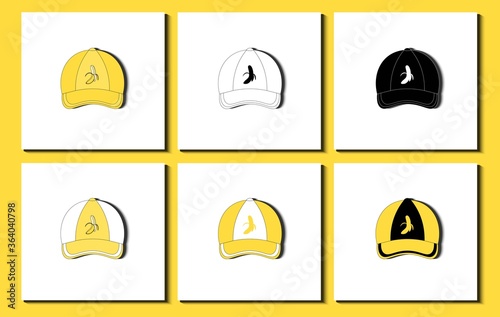 Set of baseball caps. Different banana fruit patterns, stripe, icon, etc. Flat Design Vector Illustration.