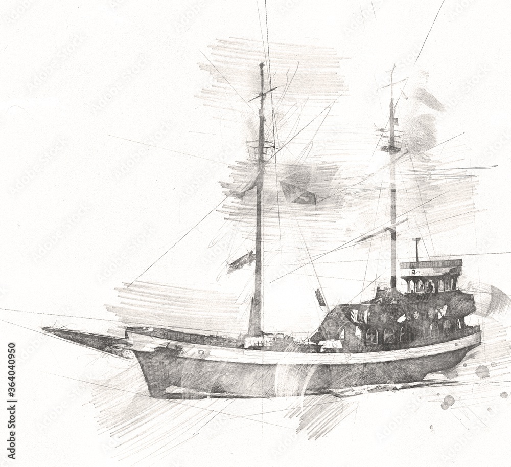 Fototapeta Pirate ship sailing on the sea illustration art drawing sketch vintage