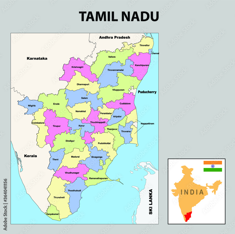 Tamil Nadu map. Political and administrative map of Tamil Nadu with districts name. Showing International and State boundary and district boundary of Tamil Nadu. Vector illustration of districts map.
