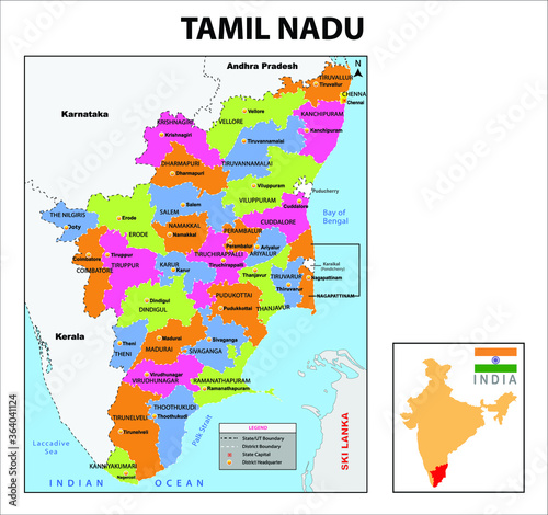 Tamil Nadu map. Political and administrative map of Tamil Nadu with districts name. Showing International and State boundary and district boundary of Tamil Nadu. Vector illustration of districts map.