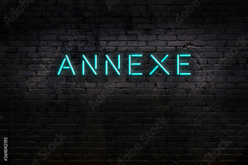Night view of neon sign on brick wall with inscription annexe