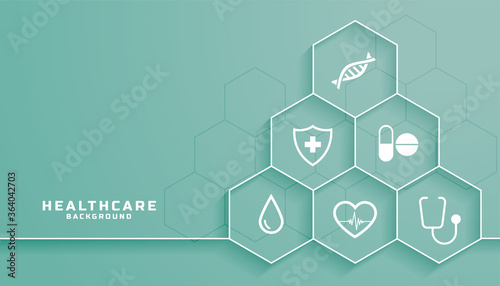 healthcare background with medical symbols in hexagonal frame
