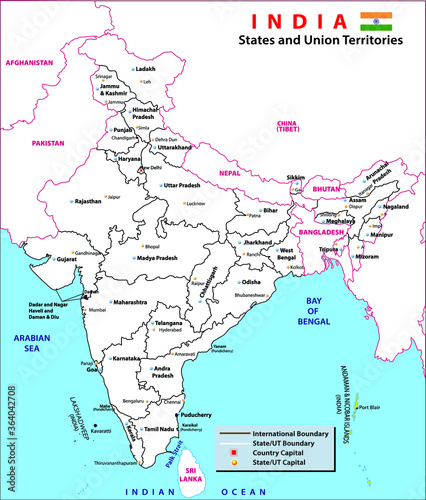 India map. Political Map of India. Black and white Outline map vector. Detailed India Map on white Background with states and union territories in India.