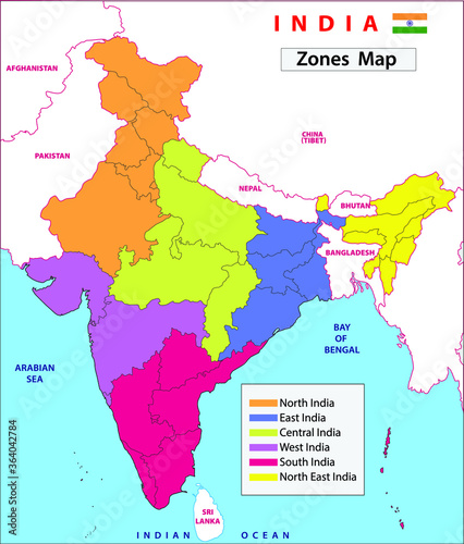 India map. Zones and regions. Administrative map and divisions of India. Sub-national administrative units of India. Zonal Councils and regions of India. Political Map.