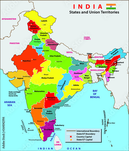 India map. States and union territories of India. India political map with capital New Delhi, national borders, important cities, rivers and lakes. English labeling and scaling with details.