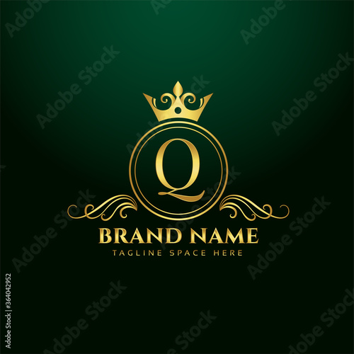 letter Q ornamental logo concept with golden crown