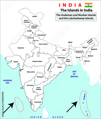 Islands in India map. Political Map of India. Black and white Outline map vector. Detailed India Map on white Background with states and union territories in India.