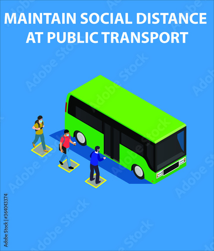 Covid 19 poster of maintain social distance at public transport for office and workplace. Signs of corona virus precaution to protect people from virus.
