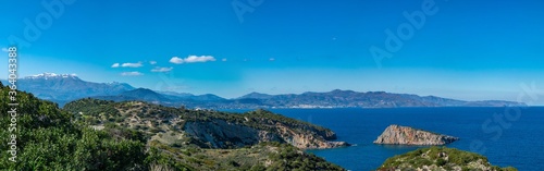 Panoramic bird eye view of Aegean sea in Crete island, Greece. HD panorama blue sky and Cretan sea. Greek nature. © Artem