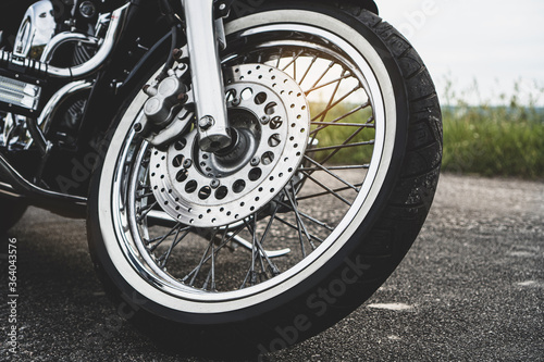 Motorcycle wheel with the brake disc closeup