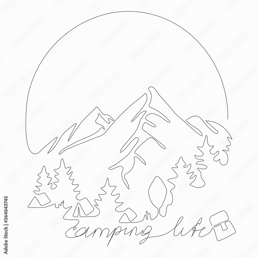 Fototapeta premium SIngle Line Camping Life Concept. One line drawing vector illustration.